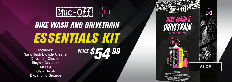 Muc-Off Bike Wash and Drivetrain Essentials Kit, price fifty four dollars and ninety nine cents, Includes: nano tech bicycle cleaner, drivetrain cleaner, bicycle dry lube, MO-94, claw brush, expanding sponge, SHOP button